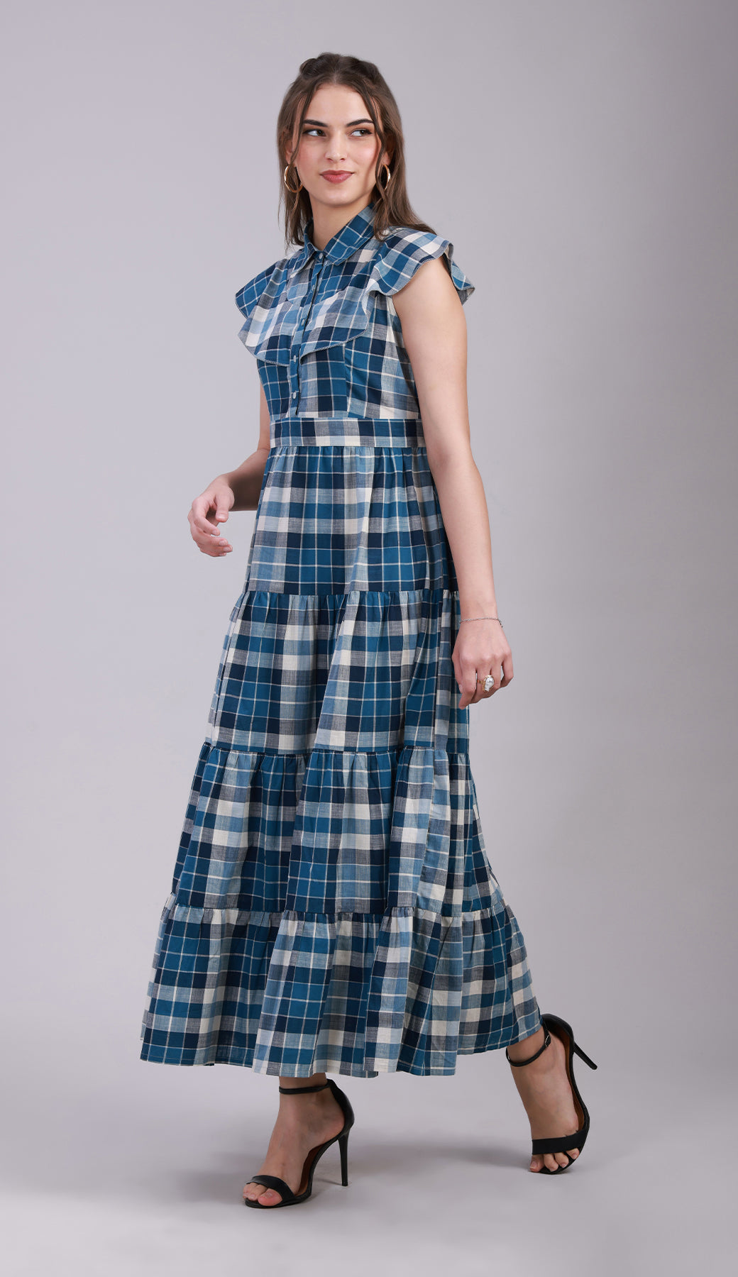 Women’s Blue Check Maxi Dress with 4-Tier Long Double Collar -3078