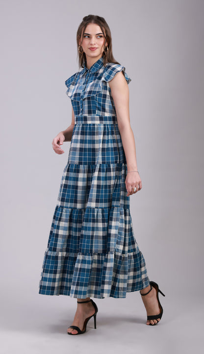 Women’s Blue Check Maxi Dress with 4-Tier Long Double Collar -3078