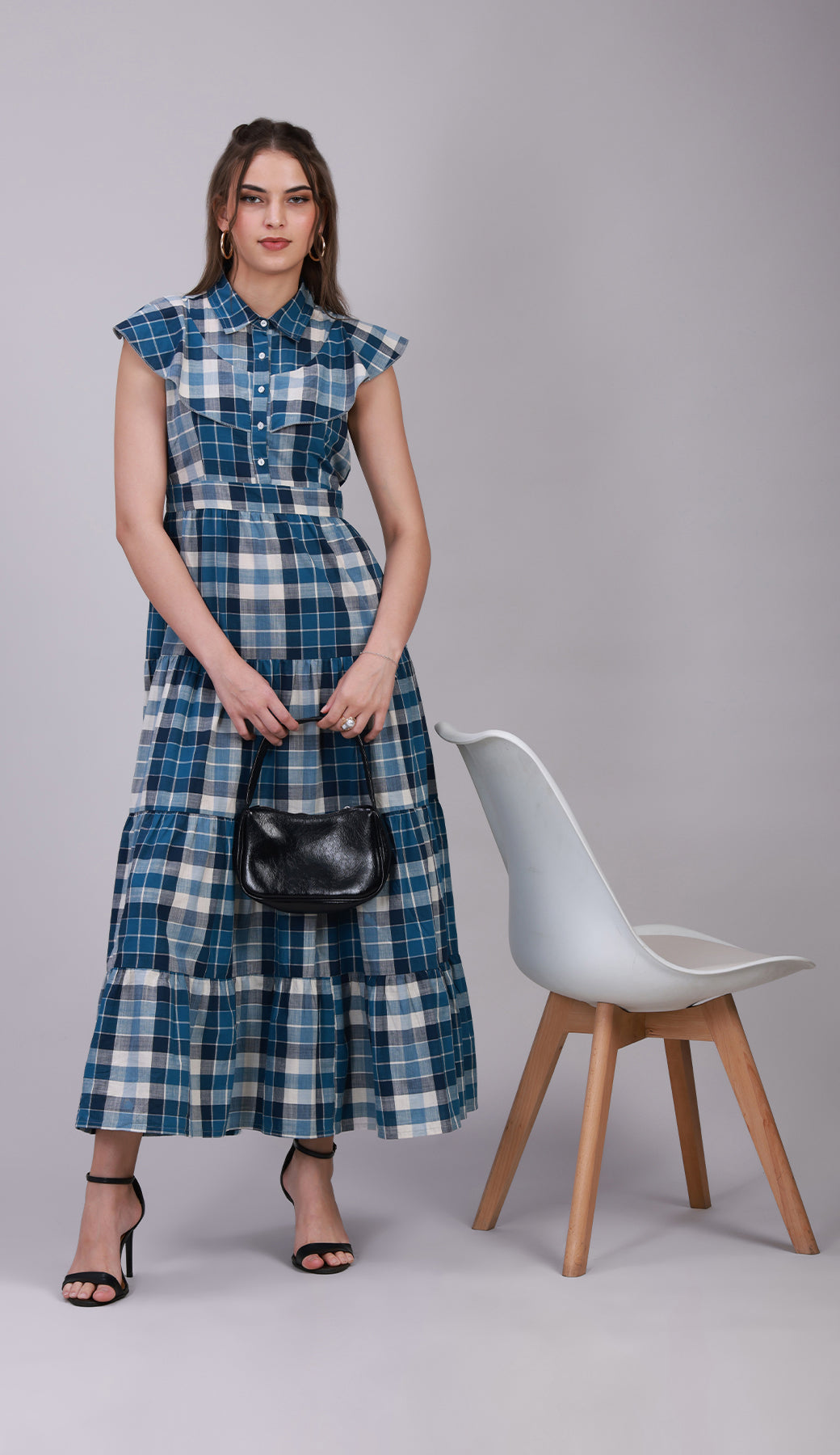 Women’s Blue Check Maxi Dress with 4-Tier Long Double Collar -3078