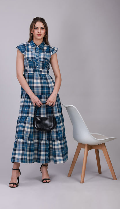 Women’s Blue Check Maxi Dress with 4-Tier Long Double Collar -3078