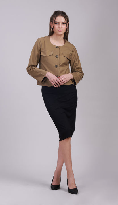 Brown Full-Sleeve Button-Up Jacket with Pockets- 3070