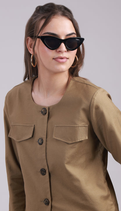 Brown Full-Sleeve Button-Up Jacket with Pockets- 3070