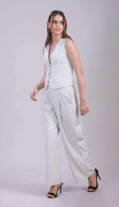 Off-White V-neck vest with Korean pants Co-ord set - 3077