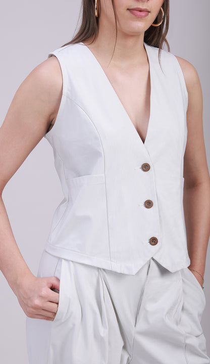 Off-White V-neck vest with Korean pants Co-ord set - 3077