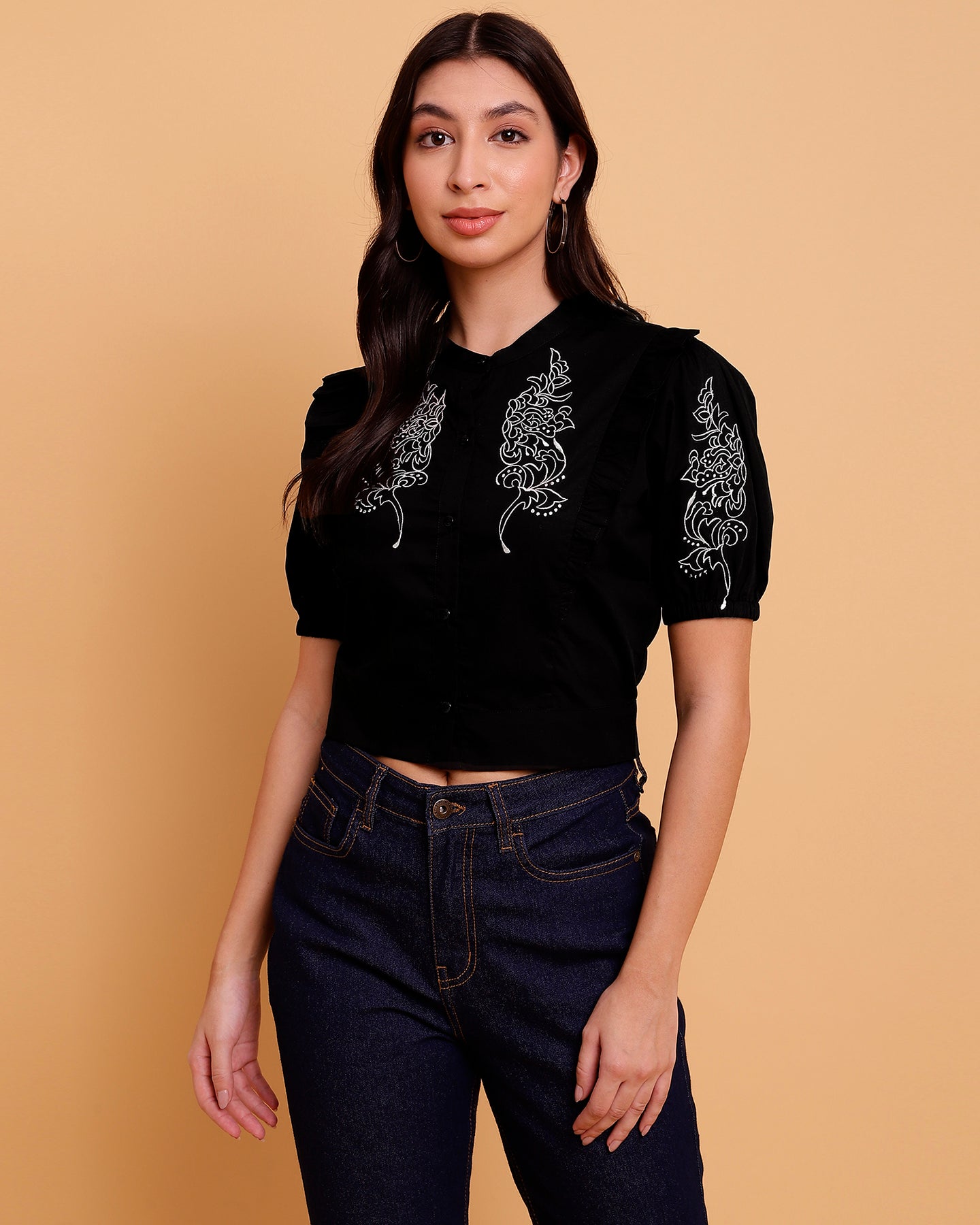 Black embroidered poplin shirt -