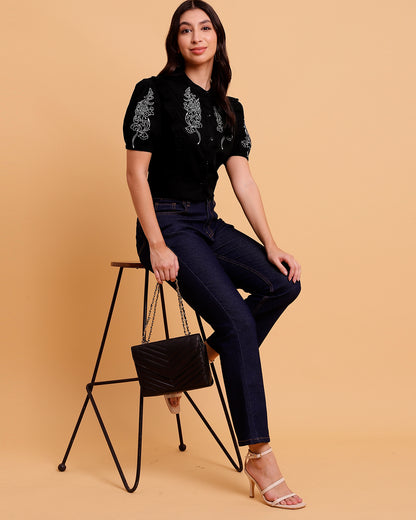 Black embroidered poplin shirt -