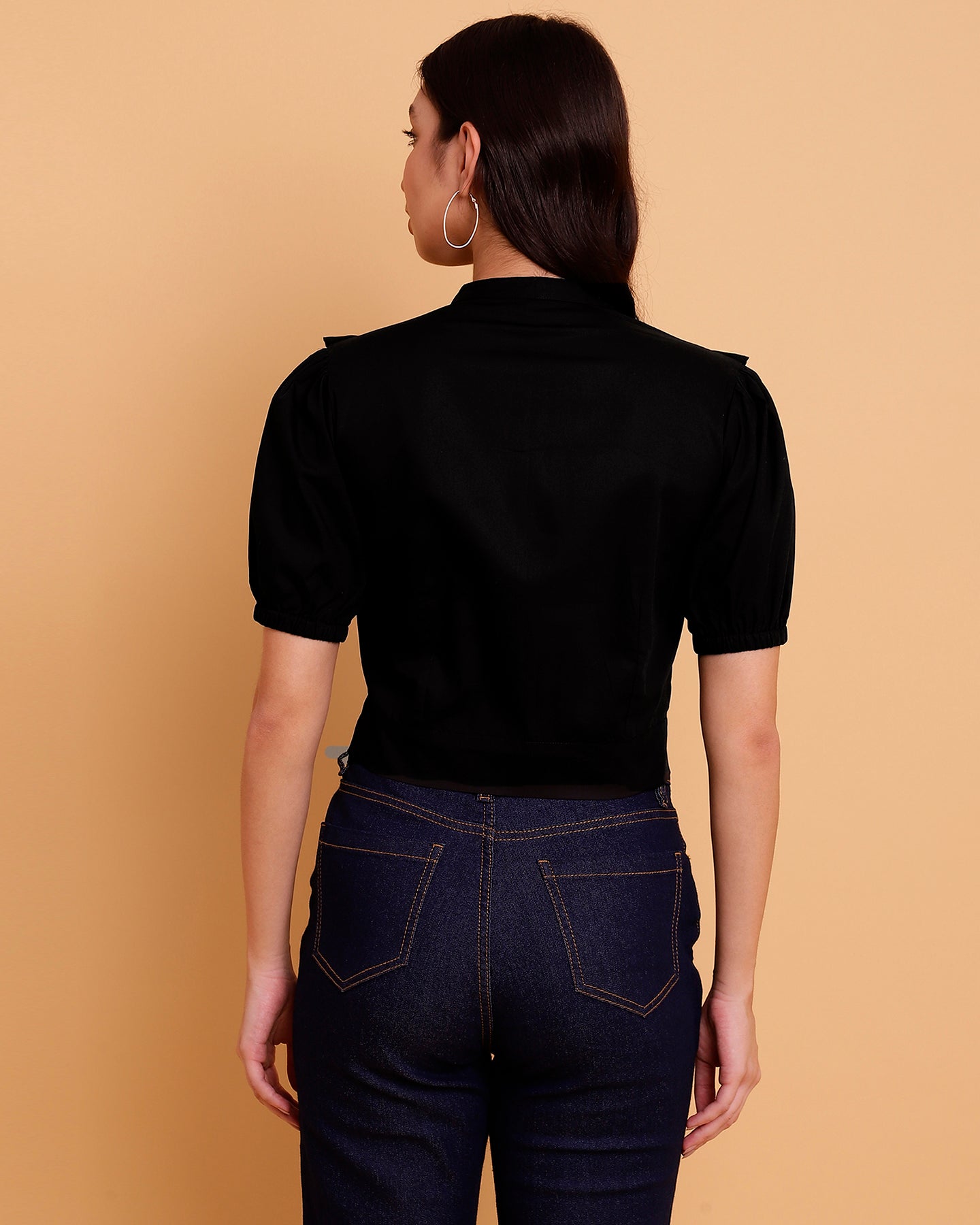 Black Cotton Poplin Crop Shirt with White Embroidery - 2918