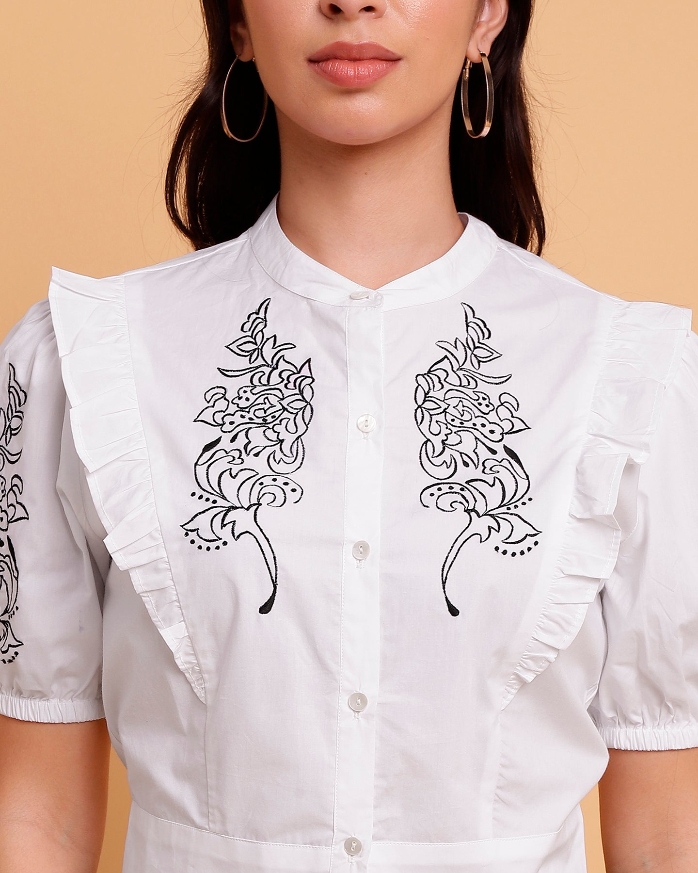 White Cotton Poplin Crop Shirt with Black Embroidery-2920