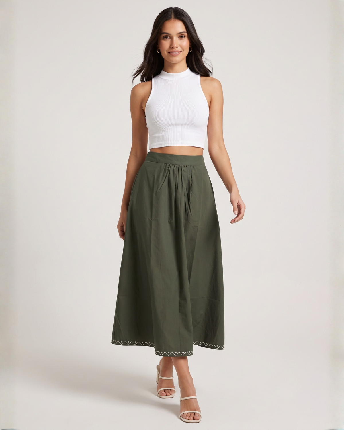 Sands of India Women’s Forest Green Cotton Embroidered Midi A-Line Skirt with Elasticated Waist - 3155