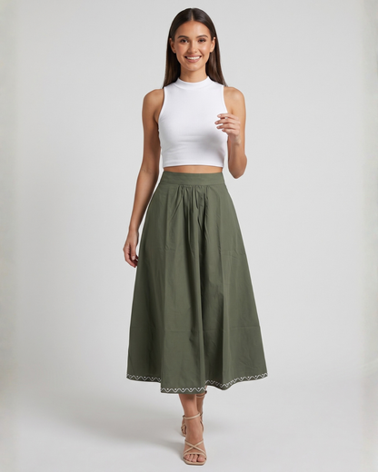 Sands of India Women’s Forest Green Cotton Embroidered Midi A-Line Skirt with Elasticated Waist - 3155
