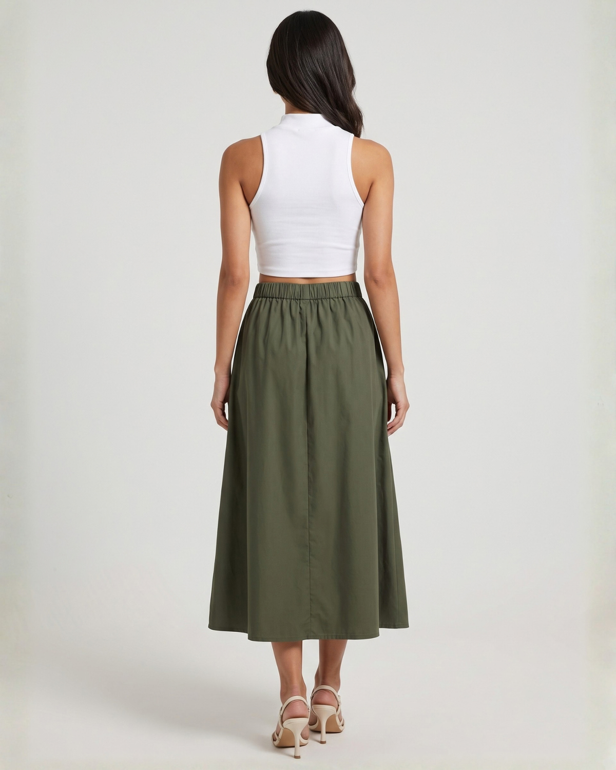 Sands of India Women’s Forest Green Cotton Embroidered Midi A-Line Skirt with Elasticated Waist - 3155