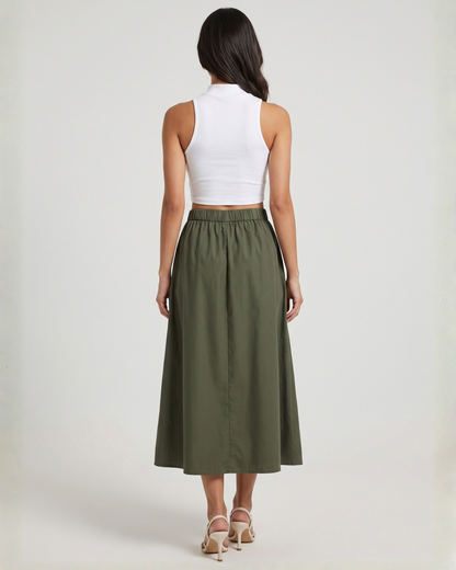 Sands of India Women’s Forest Green Cotton Embroidered Midi A-Line Skirt with Elasticated Waist - 3155
