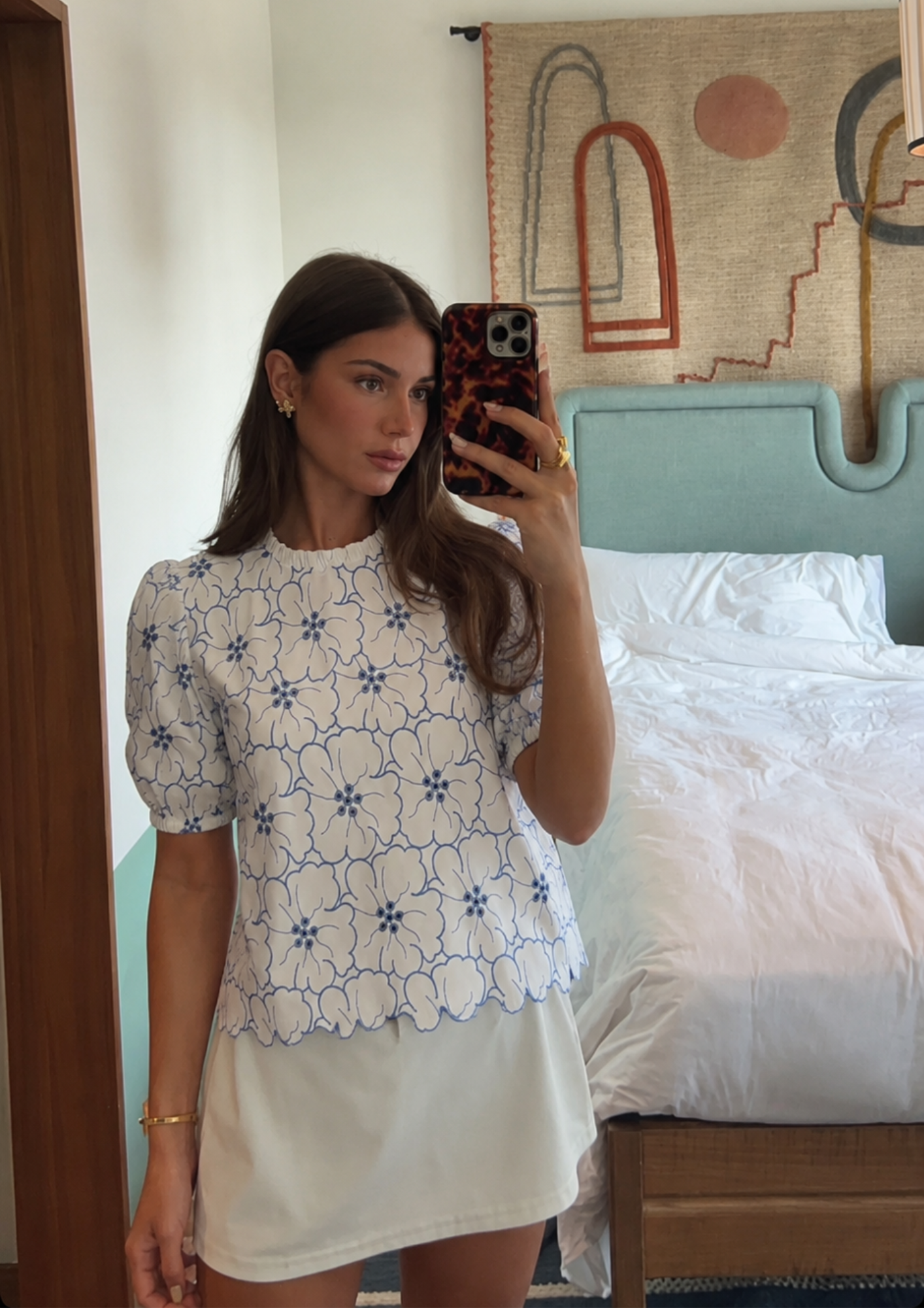 Women’s Embroidered White Schiffli Poplin Regular Fit Top- 1546