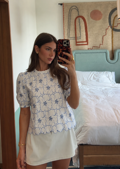 Women’s Embroidered White Schiffli Poplin Regular Fit Top- 1546