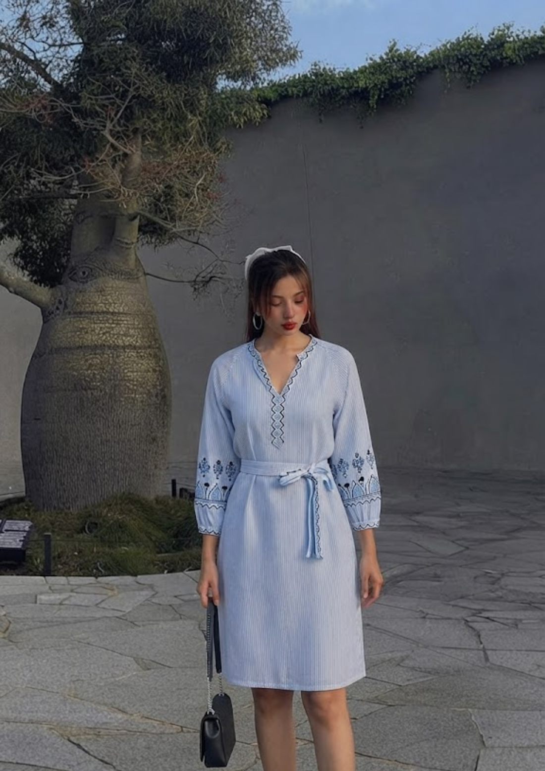 Women’s White Poplin Dress with Blue Intricate Embroidery &amp; Belt – Perfect for Casual Days- 1571