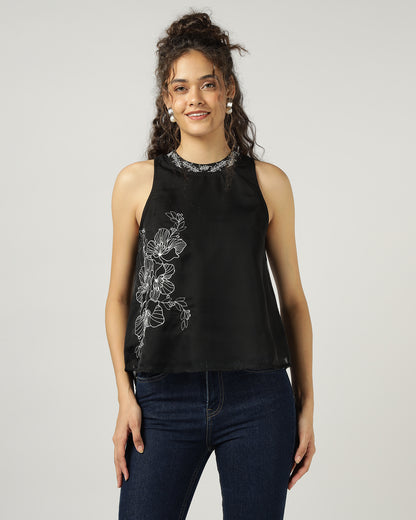 BLACK HALTER NECK ORGANZA TOP WITH FLORAL EMBROIDERY - 3054