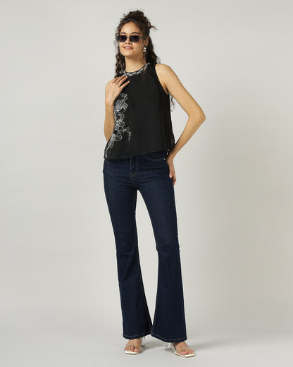 BLACK HALTER NECK ORGANZA TOP WITH FLORAL EMBROIDERY - 3054