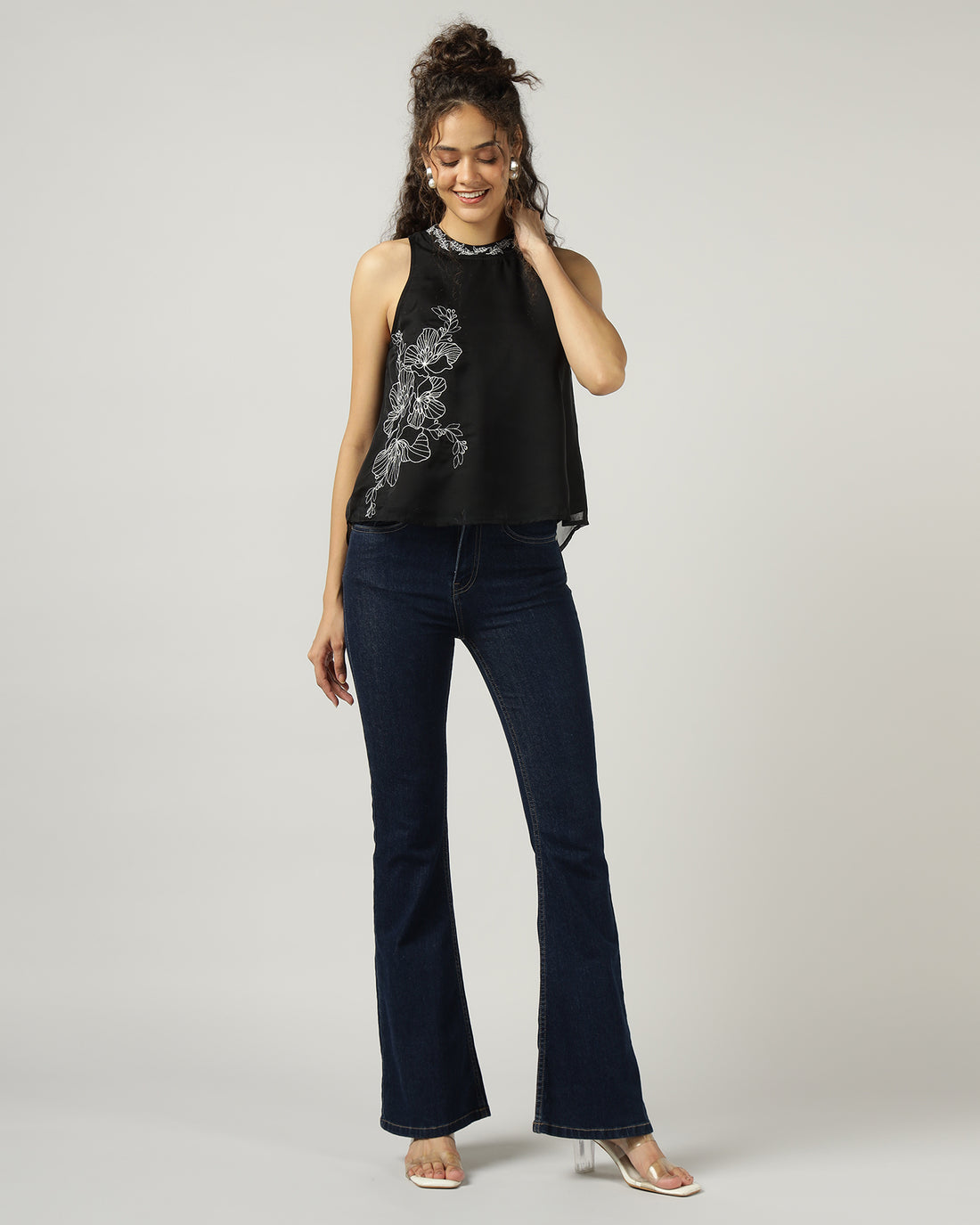 BLACK HALTER NECK ORGANZA TOP WITH FLORAL EMBROIDERY - 3054