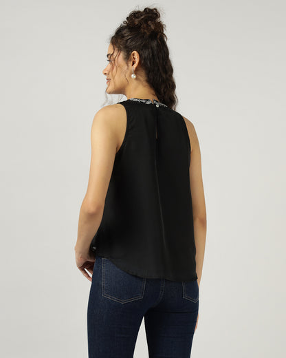 BLACK HALTER NECK ORGANZA TOP WITH FLORAL EMBROIDERY - 3054