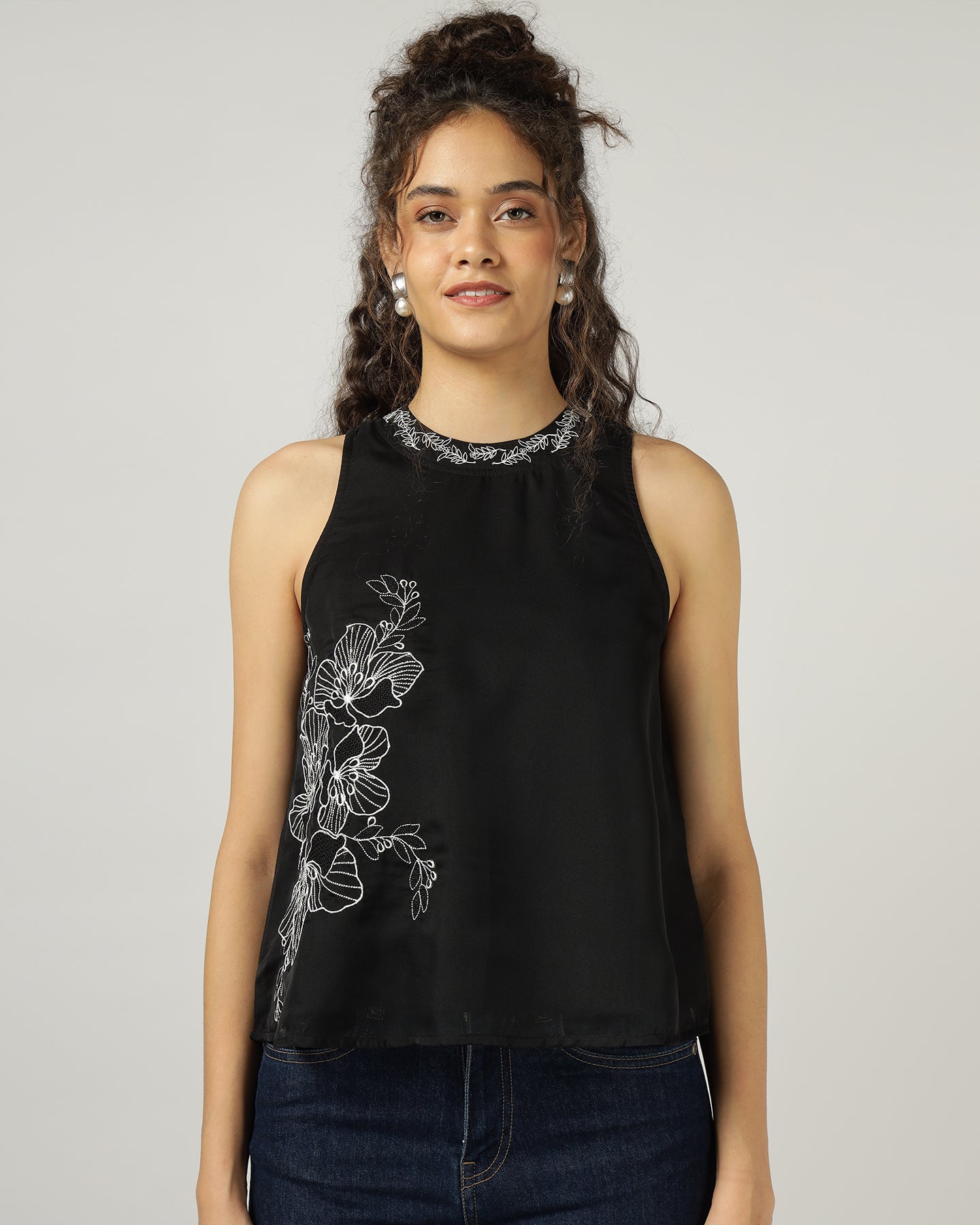 BLACK HALTER NECK ORGANZA TOP WITH FLORAL EMBROIDERY - 3054