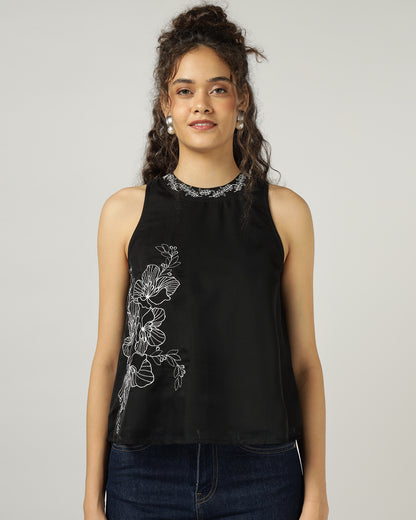 BLACK HALTER NECK ORGANZA TOP WITH FLORAL EMBROIDERY - 3054