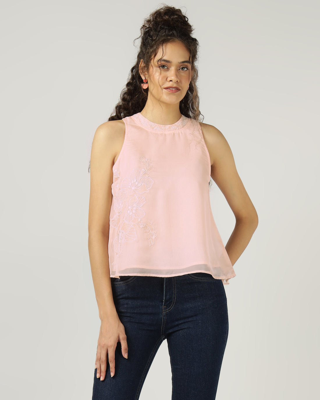 PEACH HALTER NECK ORGANZA TOP WITH FLORAL EMBROIDERY -3055