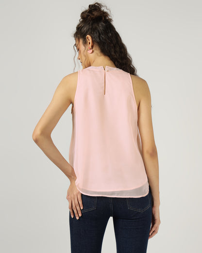 PEACH HALTER NECK ORGANZA TOP WITH FLORAL EMBROIDERY -3055