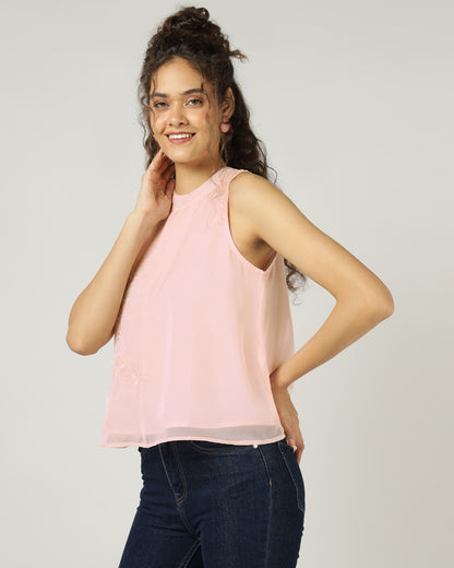 PEACH HALTER NECK ORGANZA TOP WITH FLORAL EMBROIDERY -3055