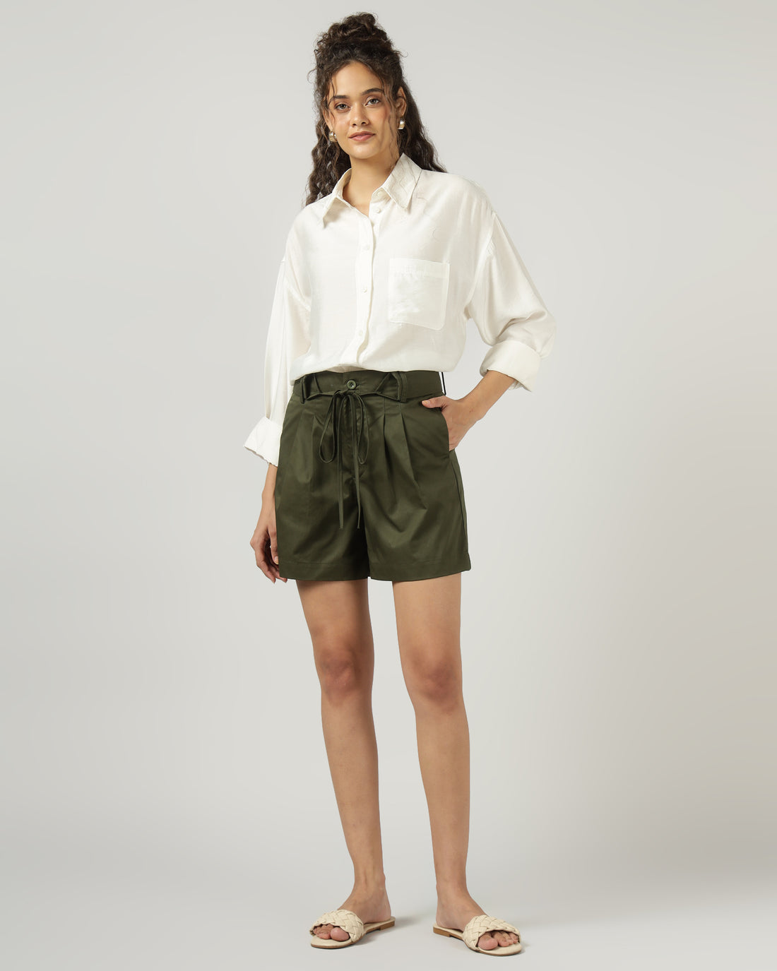 Women’s Dark Olive Green High-Waisted Wide-Leg Shorts - 3050