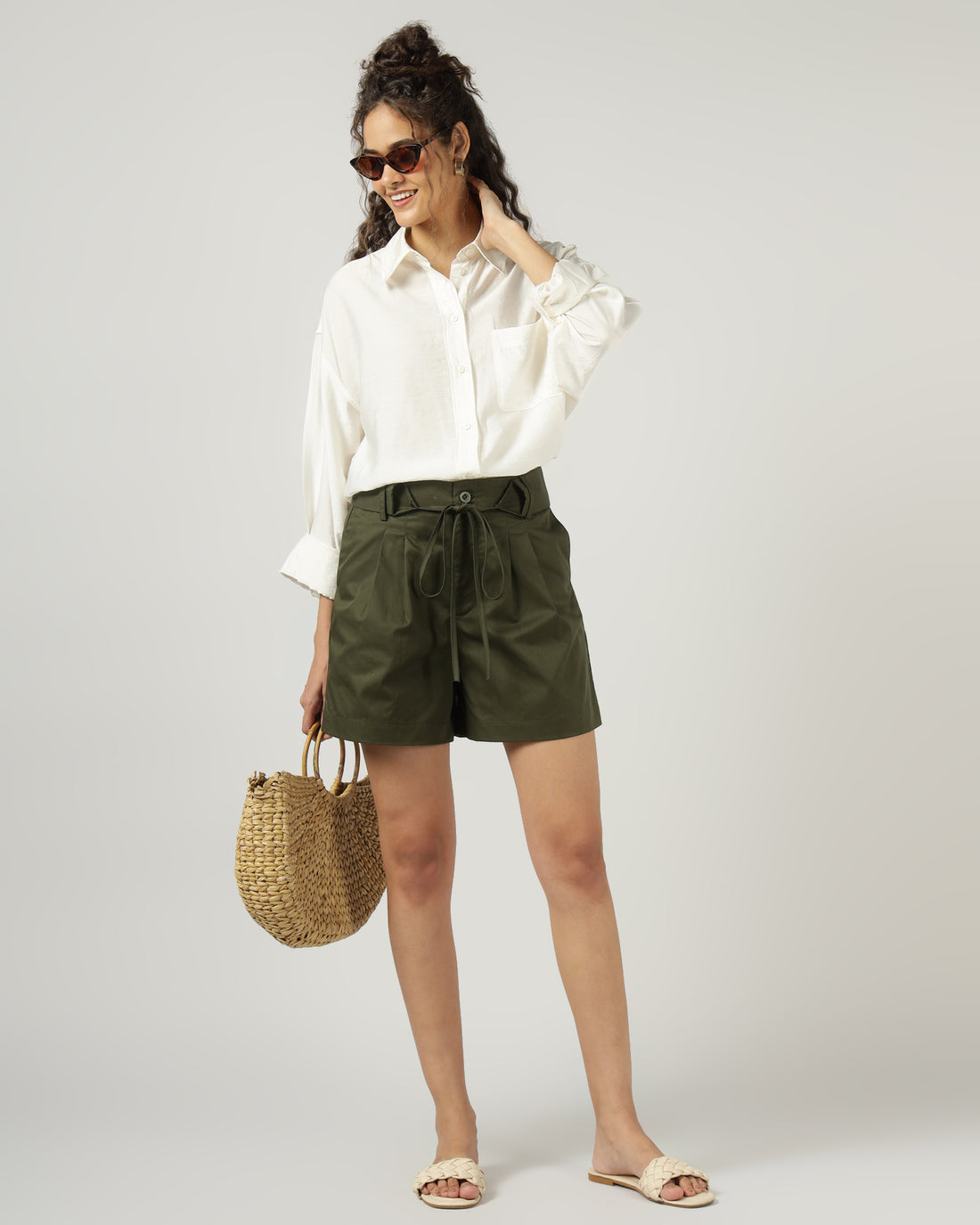 Women’s Dark Olive Green High-Waisted Wide-Leg Shorts - 3050
