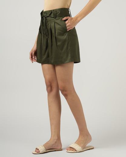 Women’s Dark Olive Green High-Waisted Wide-Leg Shorts - 3050