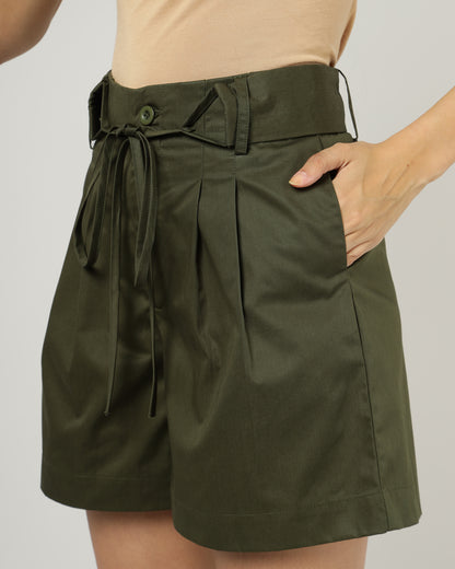 Women’s Dark Olive Green High-Waisted Wide-Leg Shorts - 3050