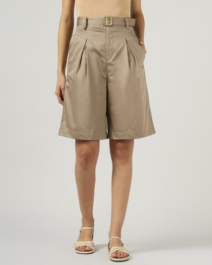 Women’s Khaki Pleated Shorts with Belt - 3051