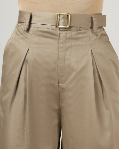 Women’s Khaki Pleated Shorts with Belt - 3051