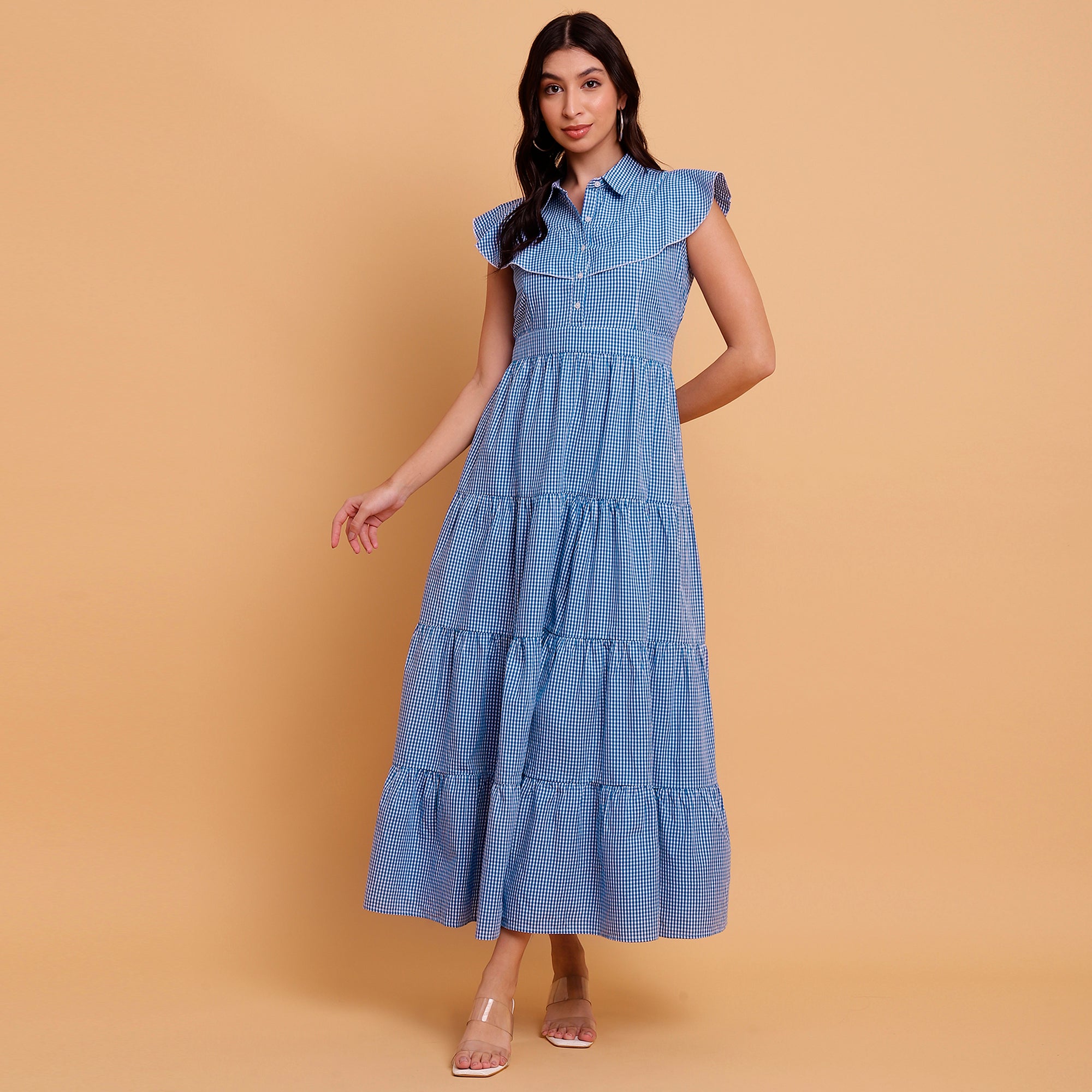 Blue Gingham Tiered Maxi Dress - 2890