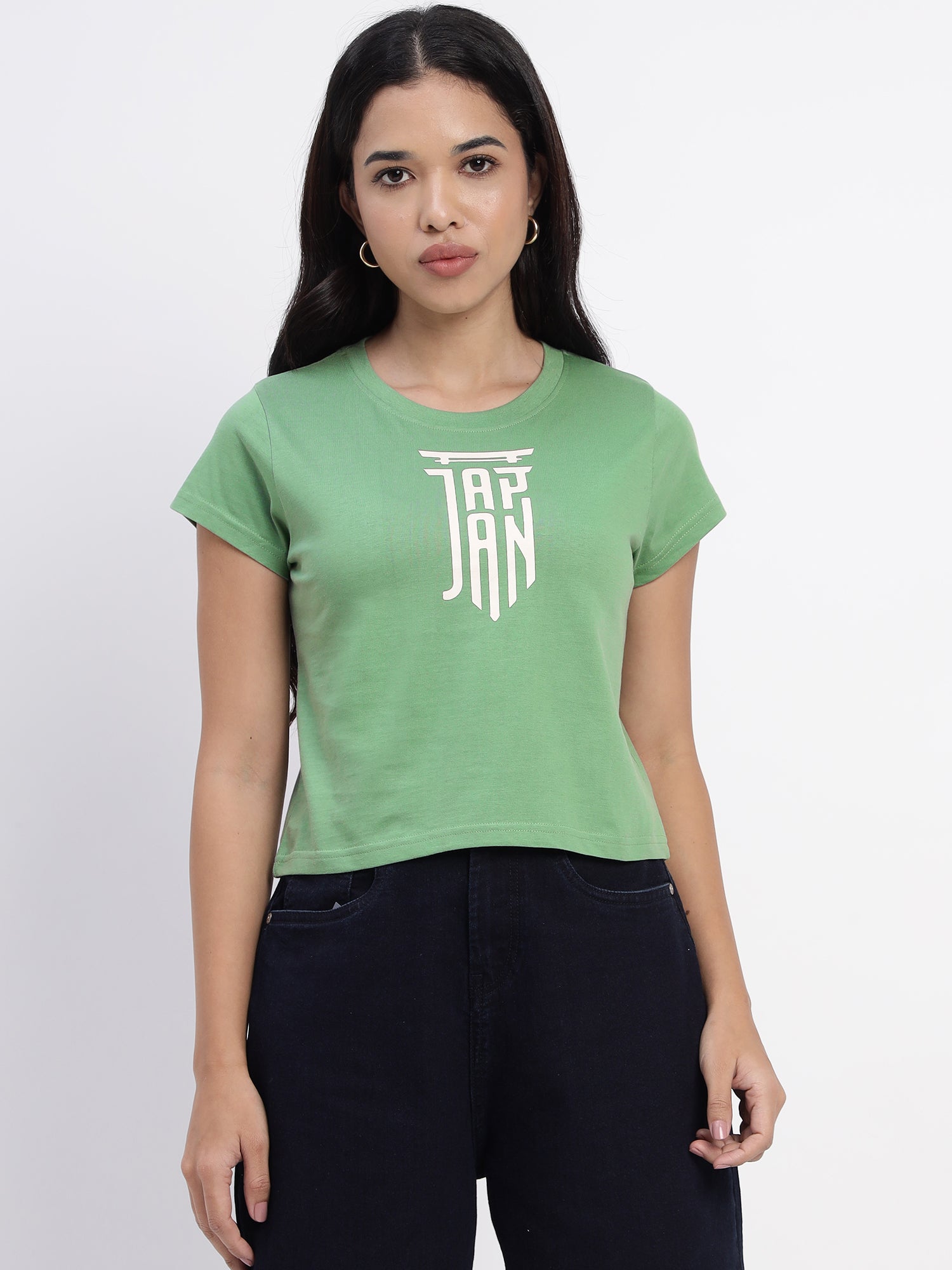 &quot;Japan: Endless Discovery &quot;Graphic Print Green Crop Top With A Sense Of Adventure -2844