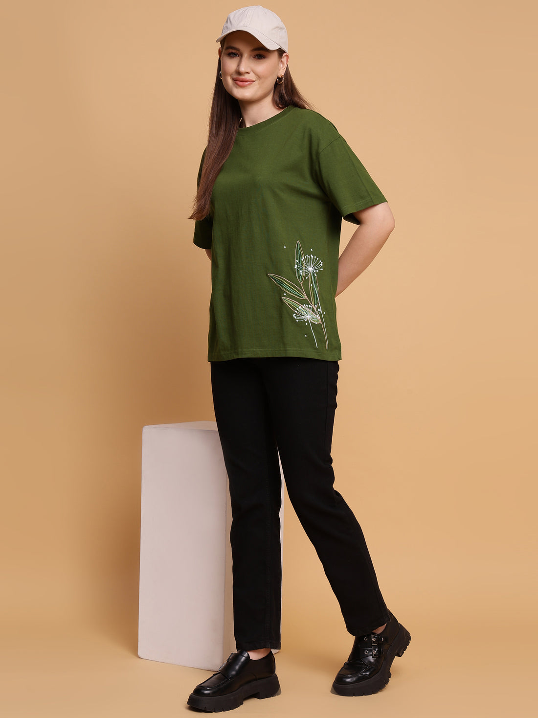 Olive-Colored Oversized Top With A Stunning Floral embroidery - 2851