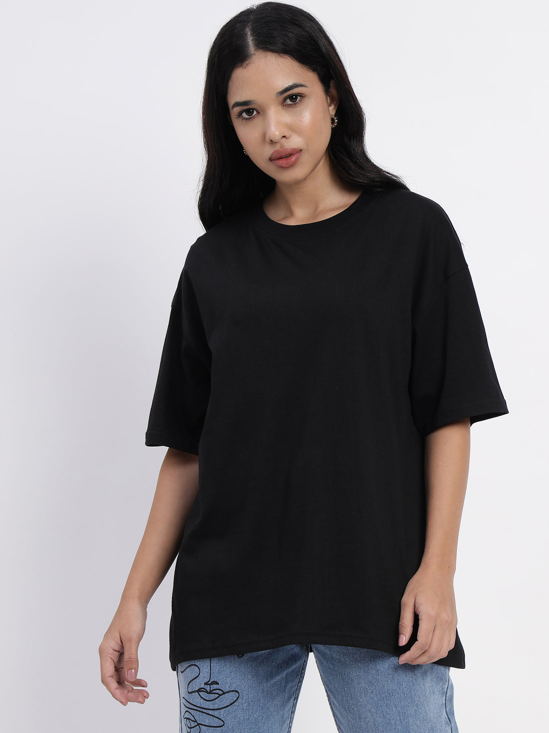 Oversized black cotton top featuring a vibrant tropical print -2849