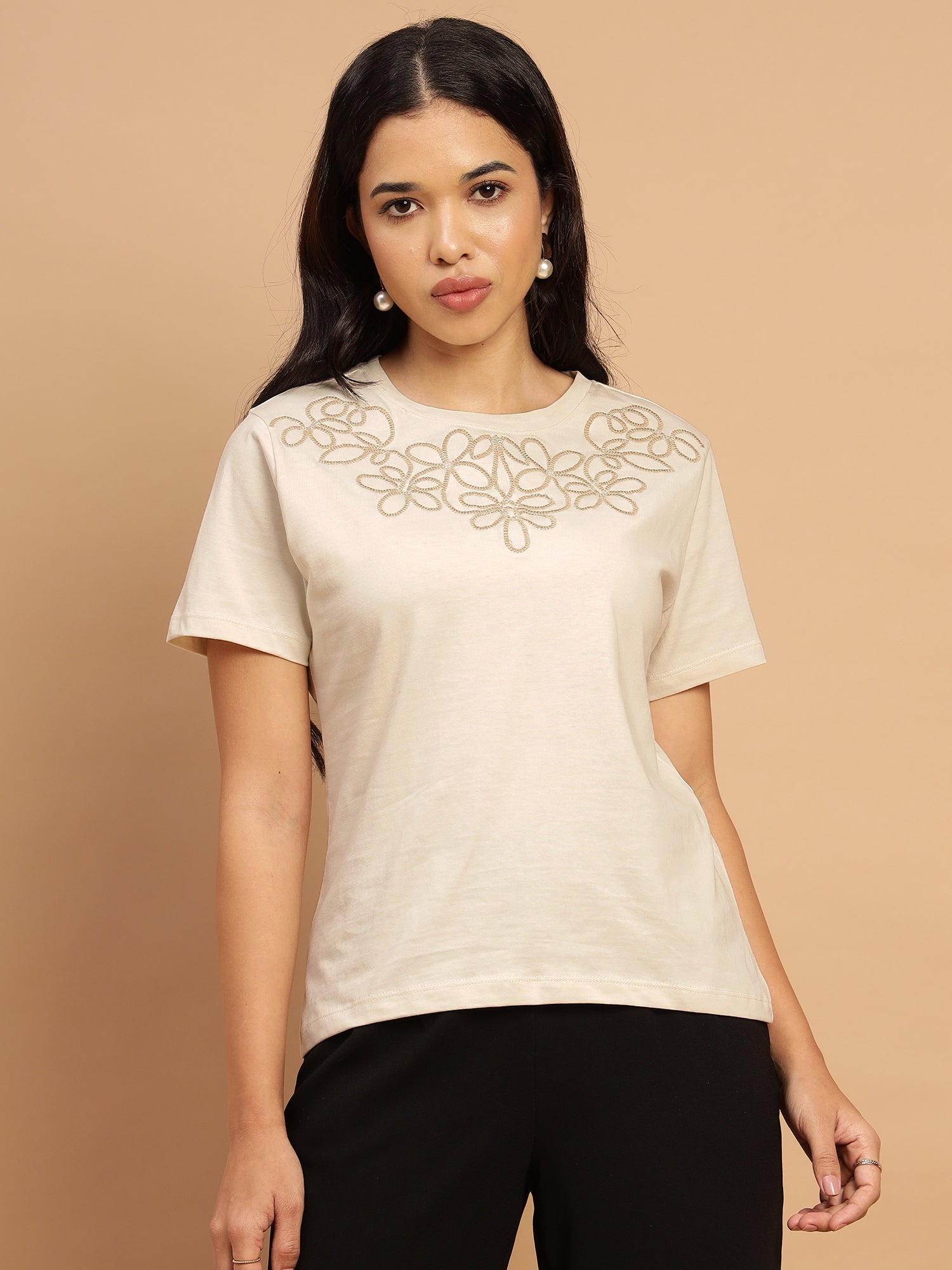 Beige Embroidered T-shirt - 2780