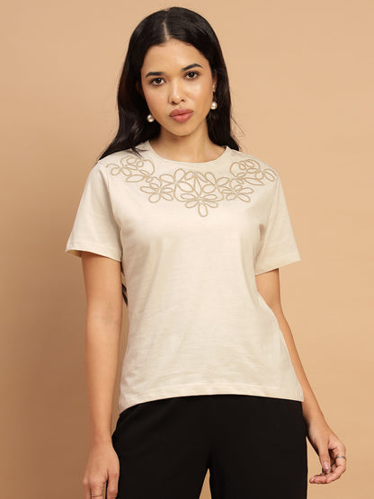 Beige Embroidered T-shirt - 2780