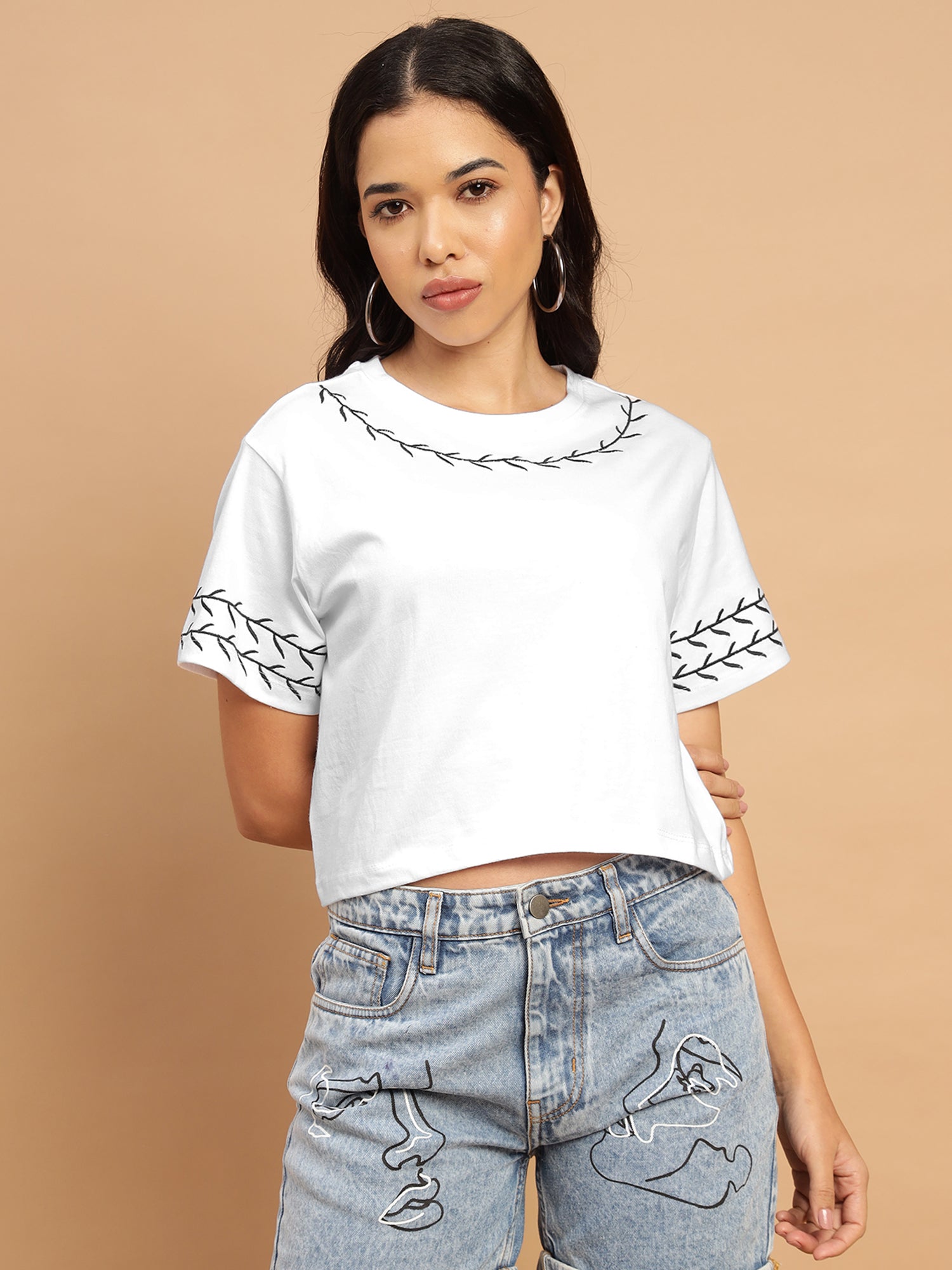 White Crop Top with Black Embroidery  - 2781