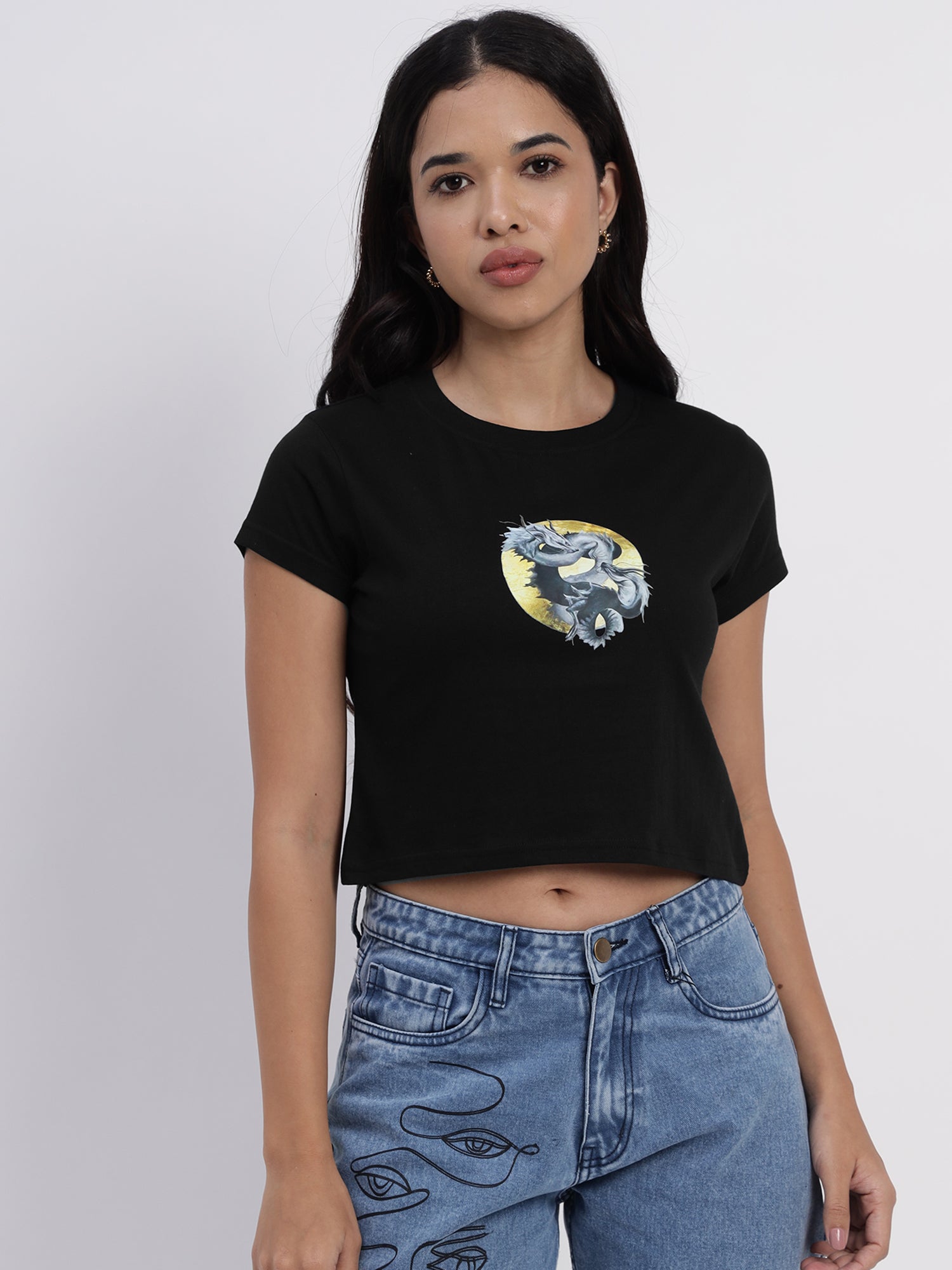 Black crop top featuring a majestic heavenly dragon print - 2843