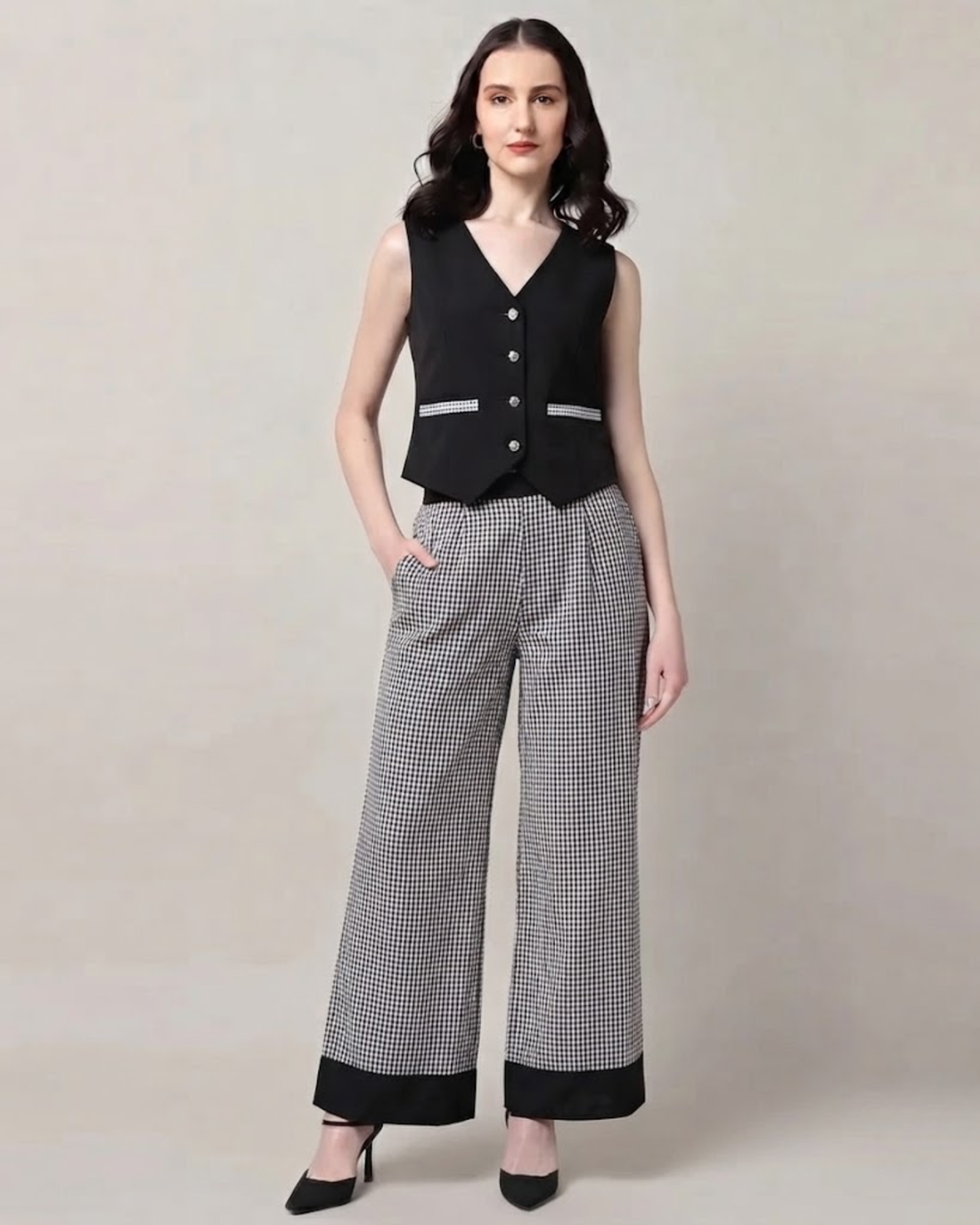 Sands of India Women’s V-Neck Sleeveless Black Gingham reversible Vest -3124