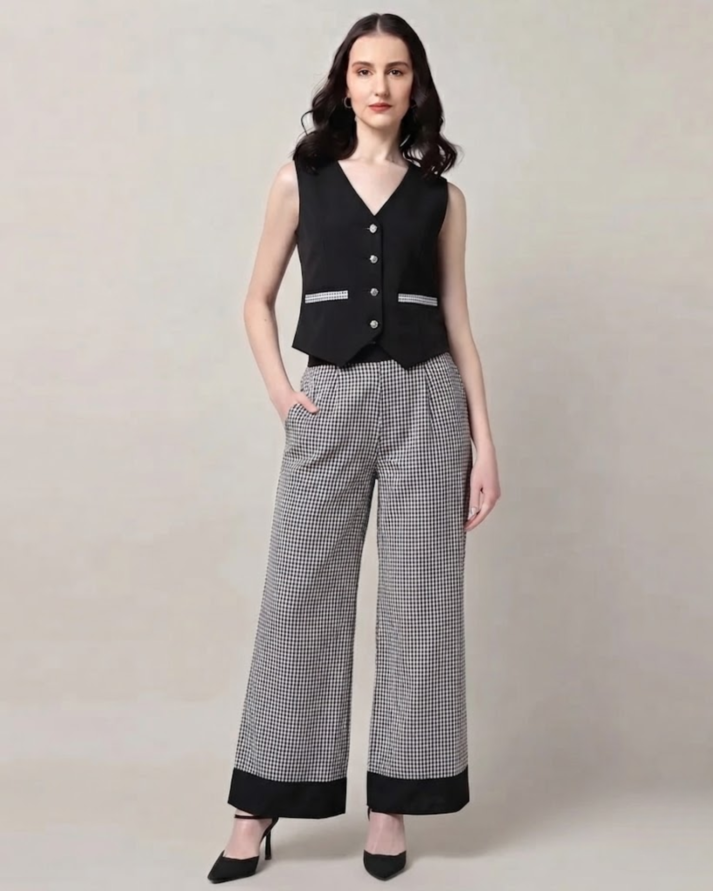 Sands of India Women’s V-Neck Sleeveless Black Gingham reversible Vest -3124