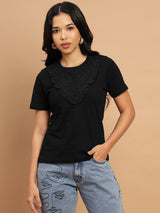 Black T-shirt with a lace neck accent for added charm - 2776