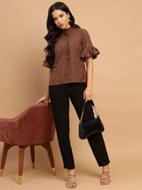 Taupe Schiffli shirt with intricate ruffles and a rich brown color - 2799