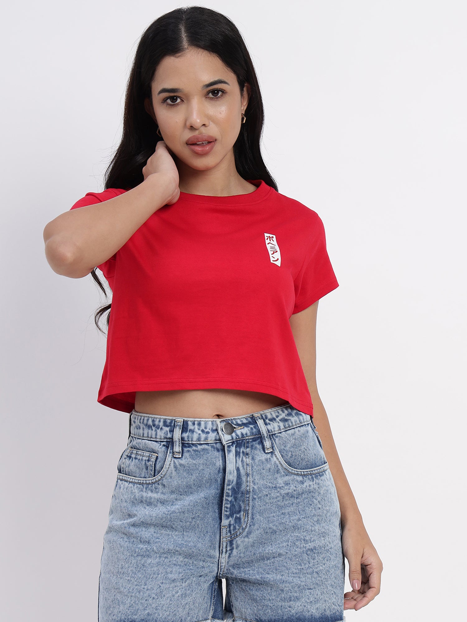 Bright red cotton crop top with a fun and lively Treasure Trove illustration -2842