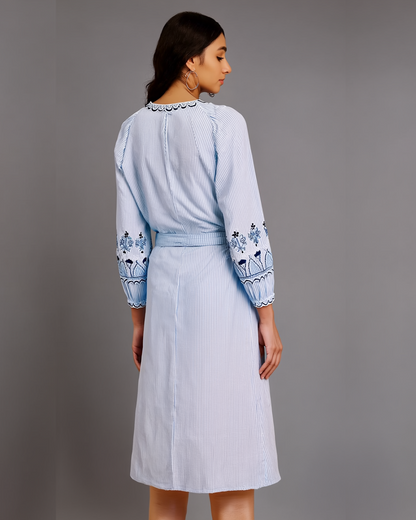 Blue Stripes Embroidered Dress with Detachable Belt - 1571