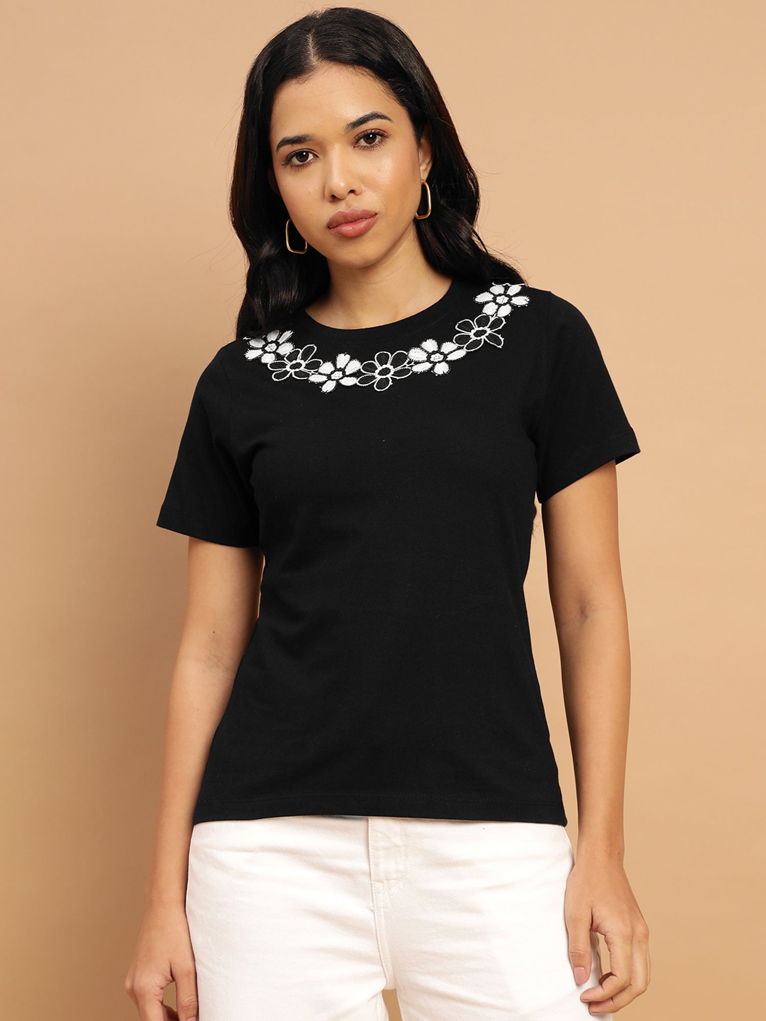 Intricated Floral design black single jersey regular T-shirt - 2775