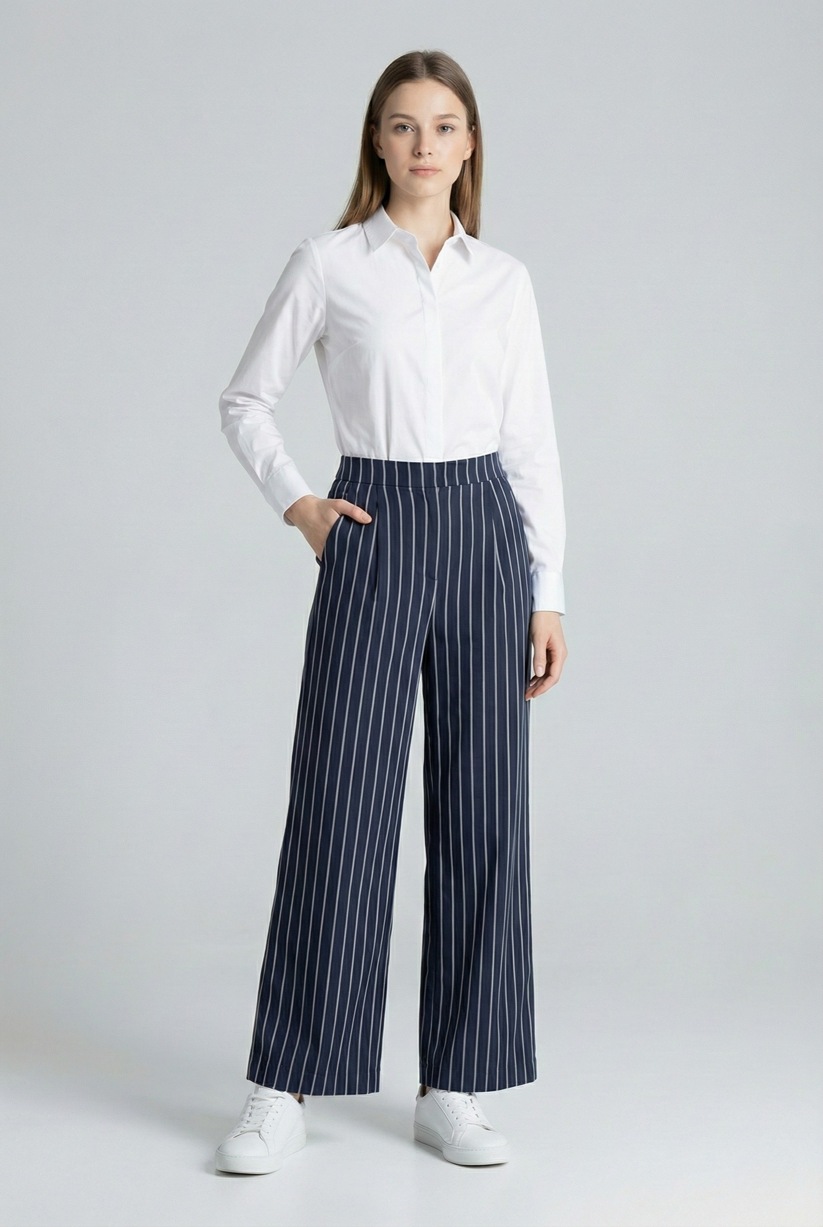 Women’s White &amp; Blue Striped high waist Trousers with Pockets -3085